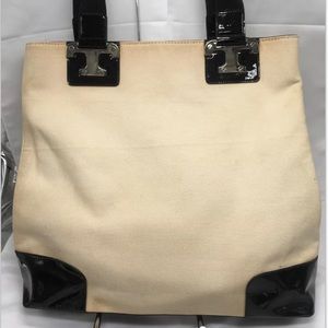 Tory Burch Natural Canvas Tote Shopper Bag Black Patent Leather ✅Offers Welcome